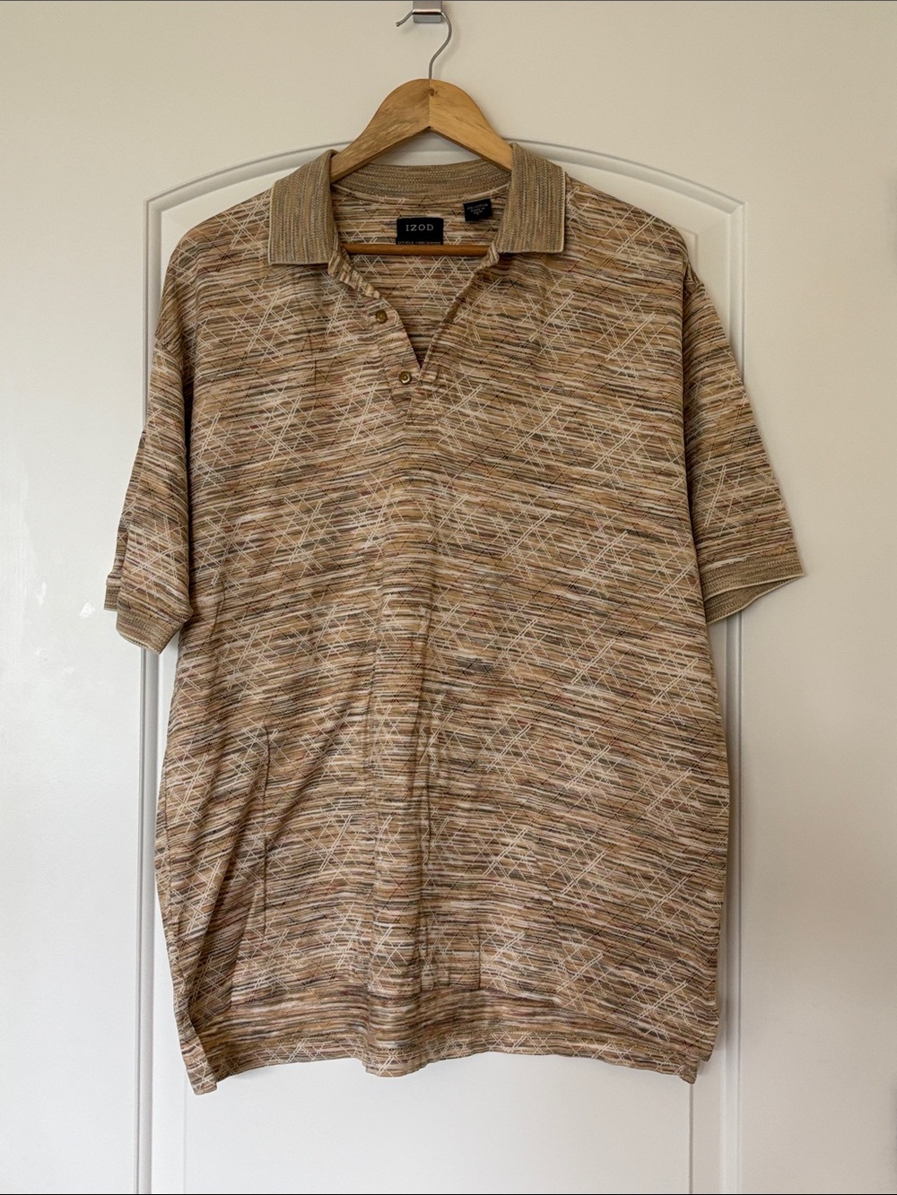 IZOD Beige Brown Geometric Print Polo 100% Mercerized Cotton Large EUC